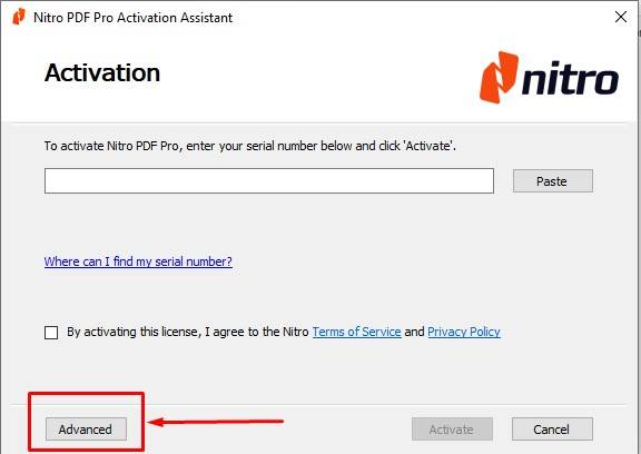 Nitro PDF Pro Activation Assistant with the Advanced button highlighted