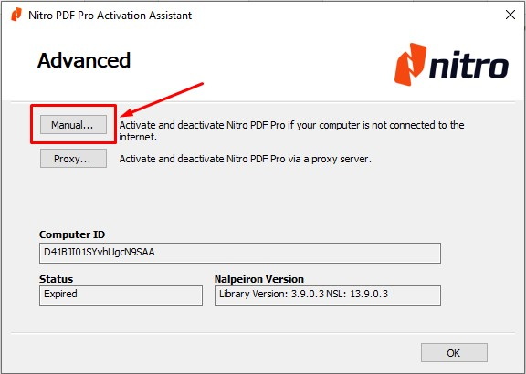 The Advanced screen of the Nitro Activation Assistant with Manual selected