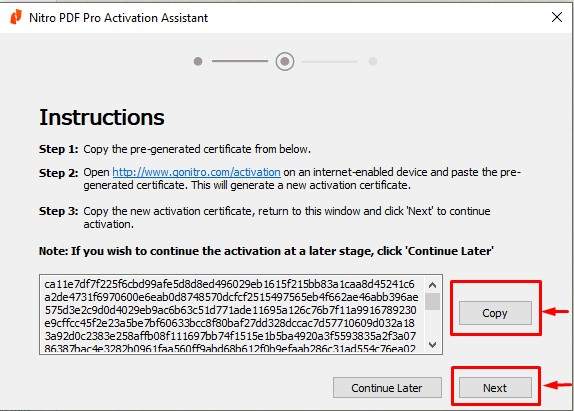 The Instructions screen showing the pre-generated certificate and the Copy button